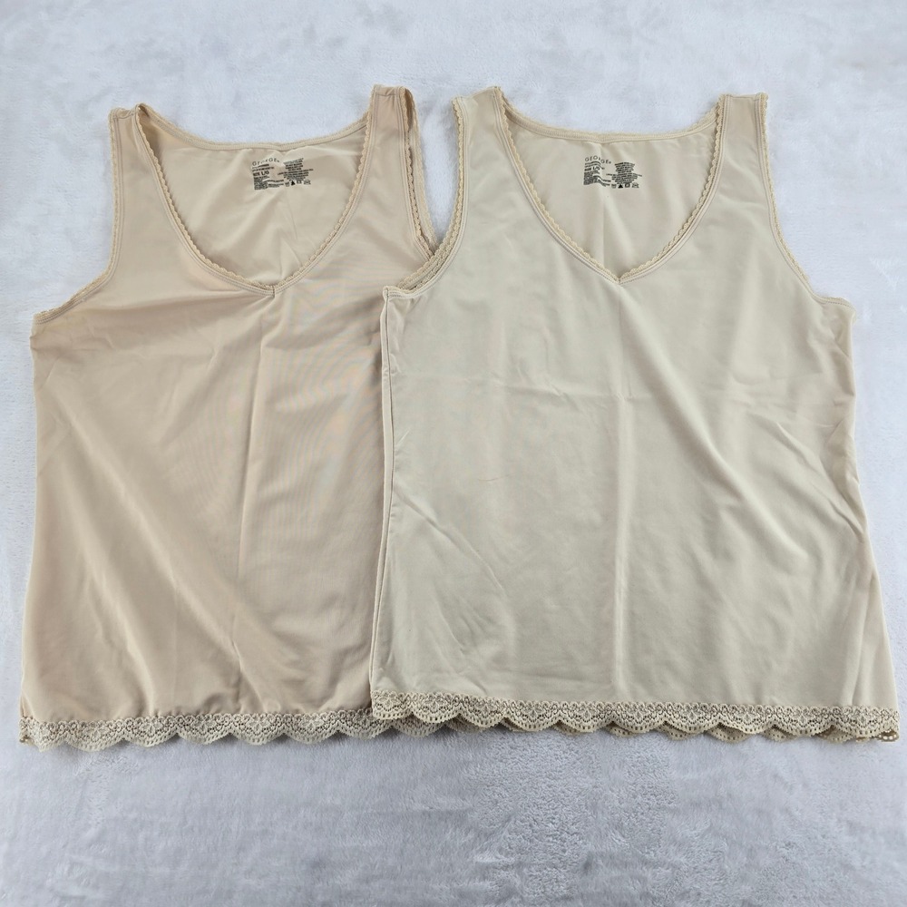 George Camisole Top Womens L G8088W Beige Lace Trim Stretch Tank 2 Pack